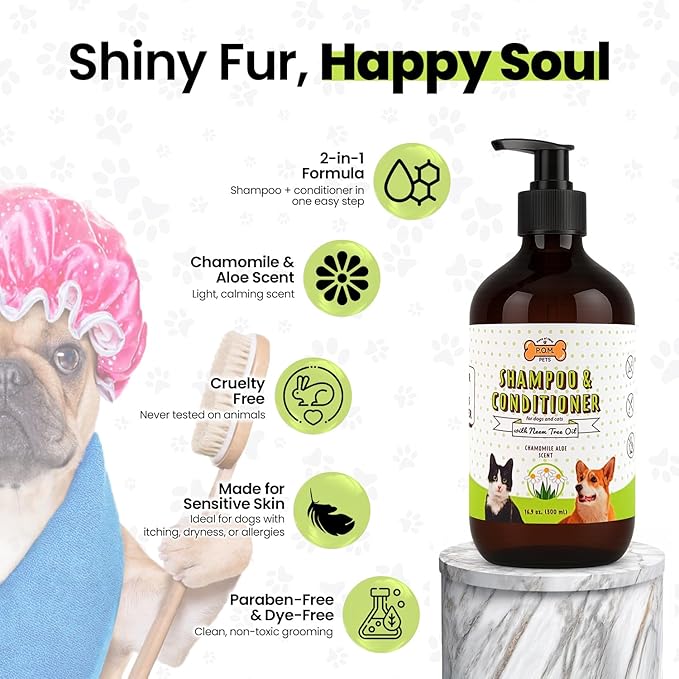 POM Pets 2-in-1 Organic Dog Shampoo &amp; Conditioner – Itchy Skin Relief, Dog Deshedding, Detangles Fur, Cat Shampoo, Paw Cleaner for Dogs, Natural Coat Defense Formula