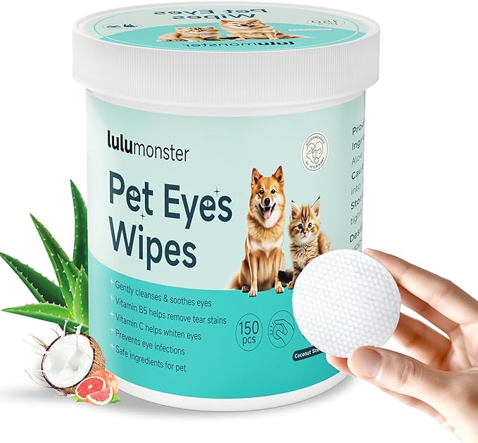 Pet Eyes Wipes for Dogs &amp; Cats, Gentle Remove Tear Stain, Eye Debris, Discharge, Mucus Secretions Grooming Deodorizing Wipes, Non-irritating Ingredients with Aloe &amp; Coconut Oil -150pcs