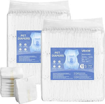 VEVOR Disposable Dog Diapers, Super Absorbent Female Dog Diapers, 360° Leak-Proof Female Doggy Pet Diaper with Wetness Indicator for Heat Period, Training, Incontinence - XS, 144 Count (2 Packs of 72)