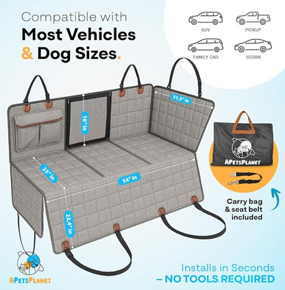 APetsPlanet Dog Car Seat Cover for Back Seat Hard Bottom - Waterproof Backseat Extender for Dogs - Pet Hammock for Car, Truck, SUV - Protector Bed with Mesh Window &amp; Storage - Gray, with Door Covers