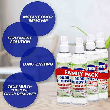 ZORBX Unscented Odor Eliminator for Strong Odor 7.5 Fl Oz, Pack of 4 - Used in Hospitals &amp; Healthcare Facilities - Advanced Formula, Fast-Acting Odor Remover Spray for Dog, Cat, House &amp; Carpet