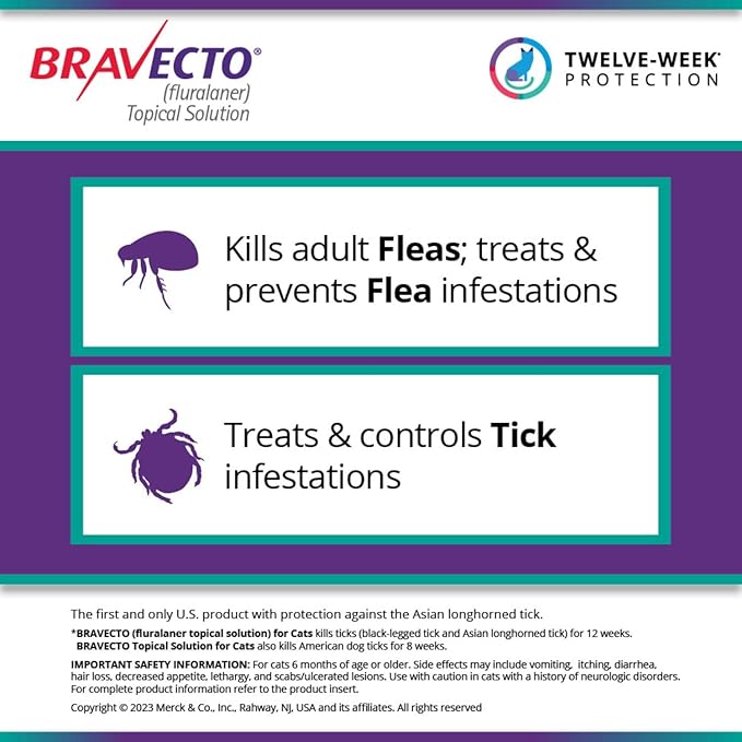 BRAVECTO Topical Solution for Cats, Flea &amp; Tick, 12 Week Supply, 2.6-6.2 lbs., Green Box