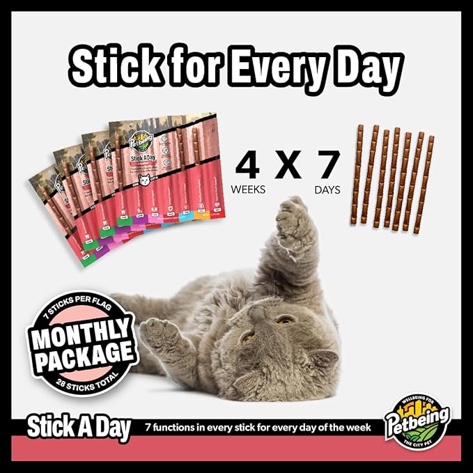 Stick a Day | Specially Formulated 7-in-1 Functions Daily Real Meat Supplement for Cats | Cat Chew Stick &amp; Pet Vitamins Supplements Combination (7-Pack x 4, Salmon)