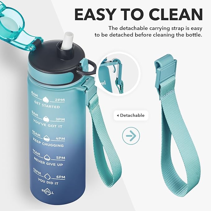 Enerbone Water Bottle, Leakproof BPA &amp; Toxic Free, Motivational Water Bottle with Times to Drink and Straw, Fitness Sports Water Bottle with Strap for Office, Gym, Outdoor Sports