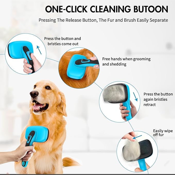 3 PCS Dog Grooming Brush Kit – Self Cleaning Slicker Brush for Shedding Short &amp; Long Haired Dogs &amp; Cats. Removes Loose Fur, Undercoat, Mats, Tangles for Small, Medium &amp; Large Pets. Blue