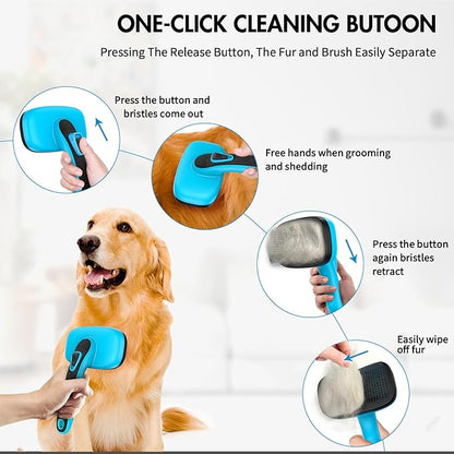 3 PCS Dog Grooming Brush Kit – Self Cleaning Slicker Brush for Shedding Short &amp; Long Haired Dogs &amp; Cats. Removes Loose Fur, Undercoat, Mats, Tangles for Small, Medium &amp; Large Pets. Blue