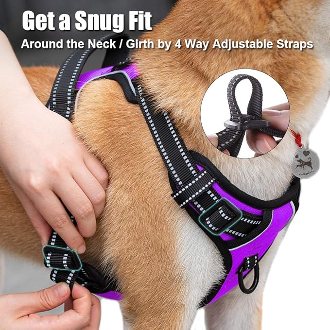 PoyPet No Pull Dog Harness, Reflective Comfortable Vest Harness with Front &amp; Back 2 Leash Attachments and Easy Control Handle Adjustable Soft Padded Pet Vest for Small to Large Dogs (Purple,L)