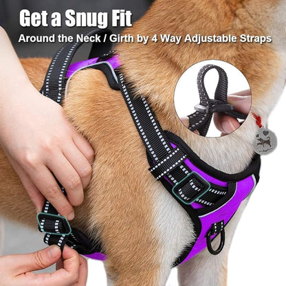 PoyPet No Pull Dog Harness, Reflective Comfortable Vest Harness with Front &amp; Back 2 Leash Attachments and Easy Control Handle Adjustable Soft Padded Pet Vest for Small to Large Dogs (Purple,XL)