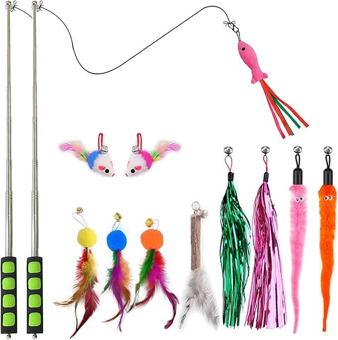 2pcs Retractable Wand Toys, Cat Fishing Rod with 11 Pcs Feather Refills for Indoor &amp; Outdoor Cats
