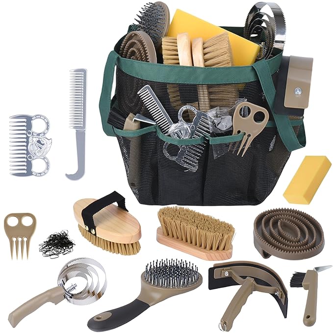 Horse Grooming Kit 13 Piece, Horse Brushes for Grooming Supplies Set with Organizer Bag, Horse Brush &amp; Curry Comb for Effective Cleaning, Gift for Horses Riders Beginners