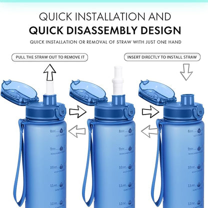 32oz Motivational Water Bottles with Time Marker &amp; Fruit Strainer, Transparent Gradient Color Water Bottle with Times to Drink, Leakproof &amp; BPA Free, Reusable Bottle with Strap (No Straw)