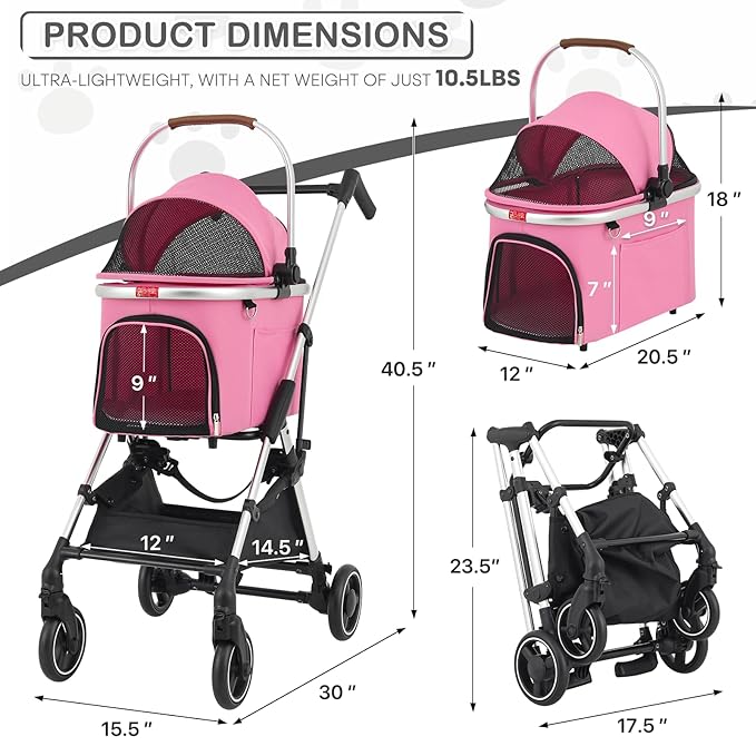 MoNiBloom Pet Stroller for Small/Medium Dogs w/Detachable Carrier &amp; Lightweight Aluminum Frame, Folding Jogging Travel Stroller, Pink