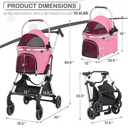 MoNiBloom Pet Stroller for Small/Medium Dogs w/Detachable Carrier &amp; Lightweight Aluminum Frame, Folding Jogging Travel Stroller, Pink