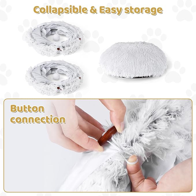 Odoland Cat Tunnel Bed with 20 Cat Toys - Indoor Plush Kitten Couch, Detachable Cats Cave Donut Tunnel &amp; Soft Kitten Toy Set - Cozy Cat Furniture, White