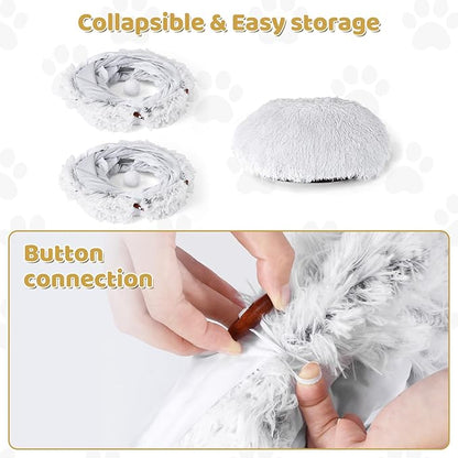 Odoland Cat Tunnel Bed with 20 Cat Toys - Indoor Plush Kitten Couch, Detachable Cats Cave Donut Tunnel &amp; Soft Kitten Toy Set - Cozy Cat Furniture, White