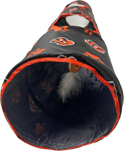 NFL Cincinnati Bengals Cat Tunnel Tube Toy with Plush Football Catnip and Feathers Collapsible Tunnel for Cats to Play, Peek and Hide, Sporty &amp; Fun Cat Tunnel Toy with Team Logo All-Over Design!