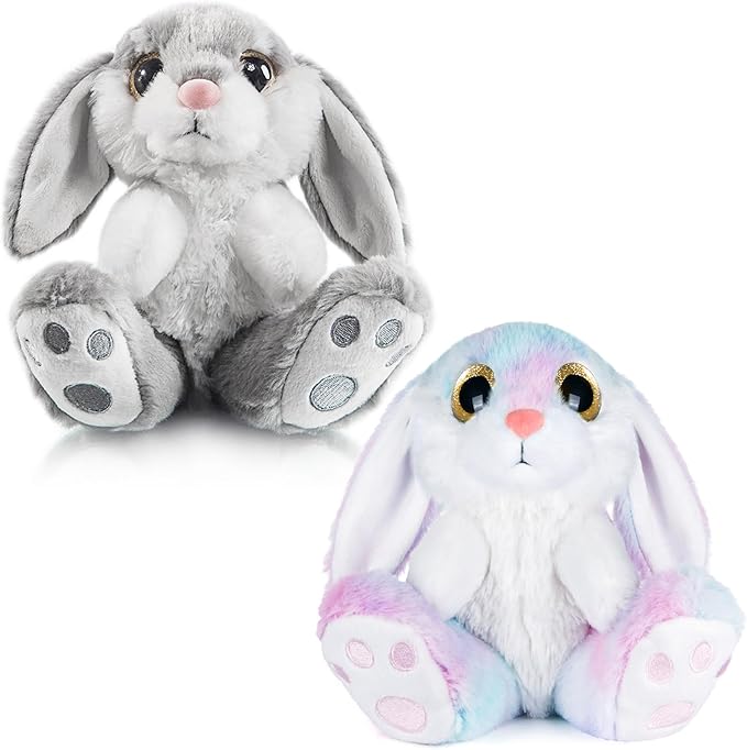 My OLi Bunny Stuffed Animal Pack of 2 Plush Rabbit 7in Stuffed Bunny with Floppy Ear Bedtime Friend Soft Toy Gifts for Girls Boys Kids, Gray &amp; Rainbow