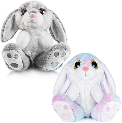 My OLi Bunny Stuffed Animal Pack of 2 Plush Rabbit 7in Stuffed Bunny with Floppy Ear Bedtime Friend Soft Toy Gifts for Girls Boys Kids, Gray &amp; Rainbow