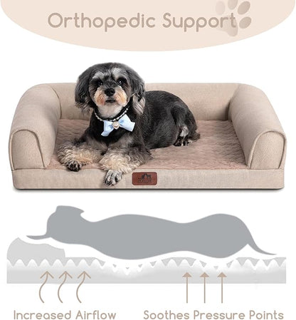 Hollypet Orthopedic Dog Bed for Medium Dogs, Supportive Foam Pet Couch with Removable Washable Cover and Non-Slip Bottom, Waterproof Lining Dog Sofa Bed, Khaki, M (28 * 22.5 * 7.5)