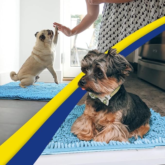 Muddy Mat® AS-SEEN-ON-TV Highly Absorbent Microfiber Door Mat and Pet Rug, Non Slip Thick Washable Area and Bath Mat Soft Chenille for Kitchen Bathroom Bedroom Indoor and Outdoor - Sky Blue 24" x 96"