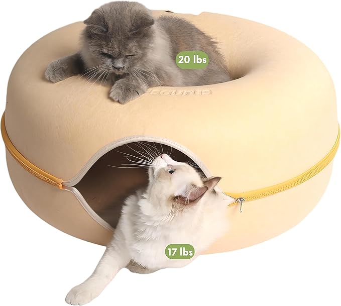 Cattasaurus Peekaboo Cat Cave for Multiple &amp; Large Cats Up to 30-45 Lbs, Scratch Detachable &amp; Washable Tunnel Bed, Comfy Donut Cat Cave (Pastel Macaron, Large)