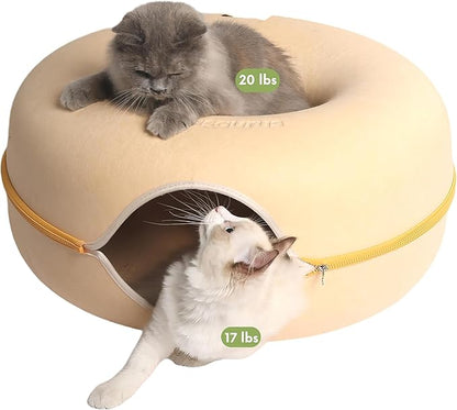 Cattasaurus Peekaboo Cat Cave for Multiple &amp; Large Cats Up to 30-45 Lbs, Scratch Detachable &amp; Washable Tunnel Bed, Comfy Donut Cat Cave (Pastel Macaron, Large)