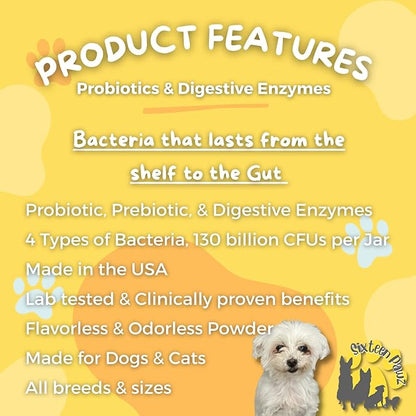Dog &amp; Cat Probiotics, Prebiotics, &amp; Digestive Enzymes – Flavorless Powder for Gut Health, Allergies, Itchy Skin, Gas &amp; Diarrhea – Organic, Vet-Approved – 65g Bottle (Up to 65 Servings)