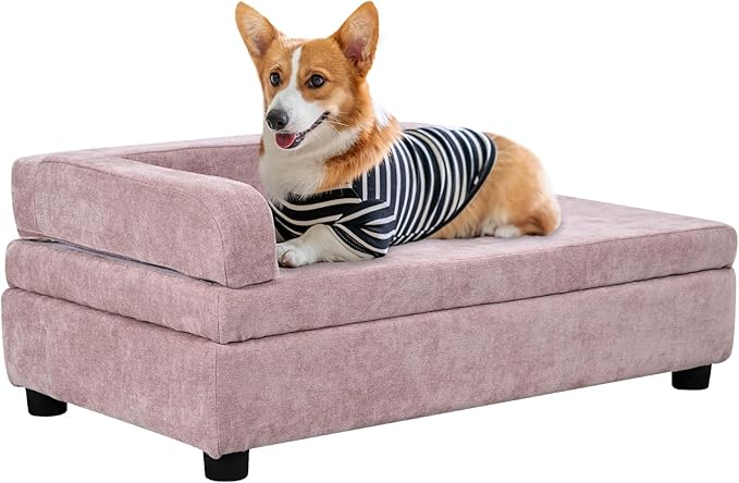 AFBKSS&amp;BB Pet Sofa with Hidden Storage for Puppy and Cat,Linen Fabric Dog Sofa,Cat Couch with Wooden Frame (Pink)