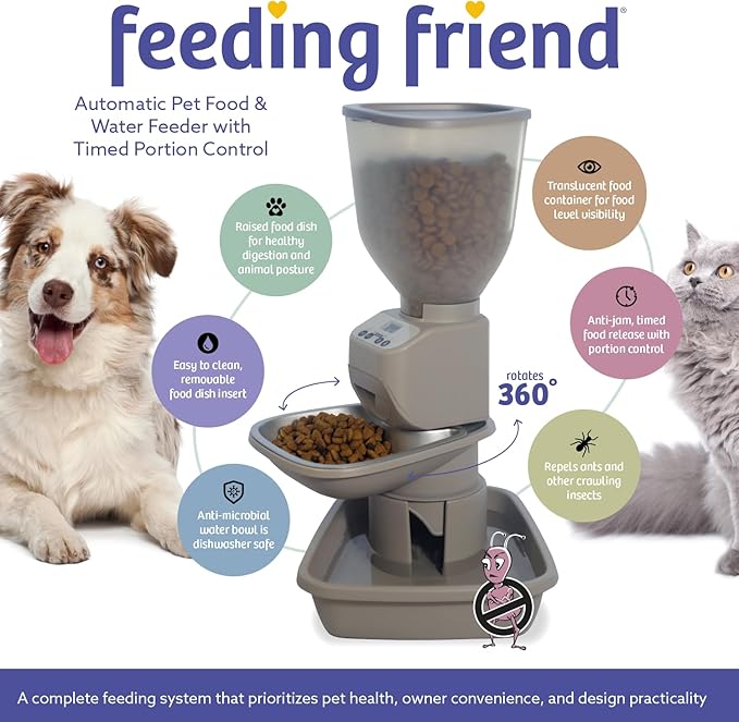 Automatic Dog &amp; Cat Food Feeder with Water Dispenser – Smart Pet Feeder with Portion Control, OLED Display, Anti Jam Design, Battery Operated Dispenser for Medium/Large Pets - Taupe