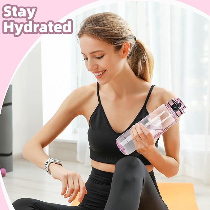 OLDLEY 32 oz Water Bottle, Motivational Water Bottle with Time Marker, Sports Water Bottle With Strap, Leakproof &amp; BPA Free Large Water Bottles for School, Gym, Travel, Tritan, Transparent Pink