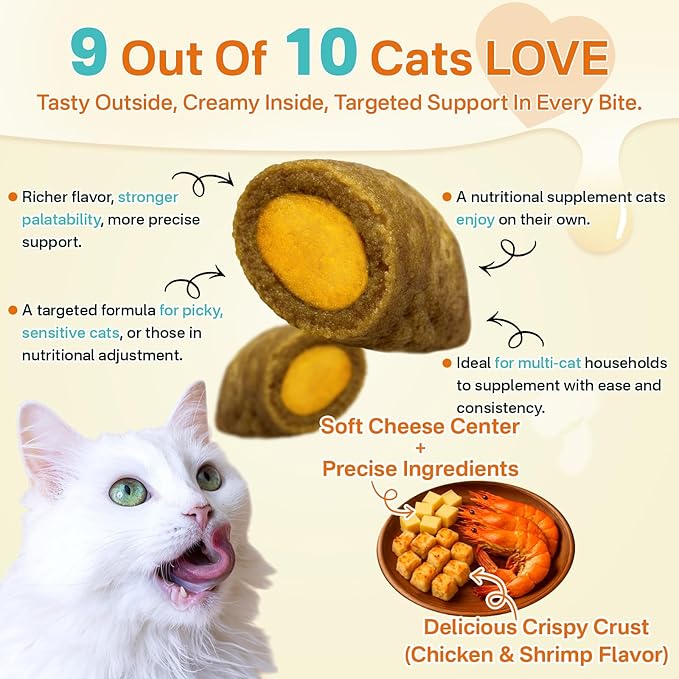 Cat Probiotics &amp; FOS, Gut + Immune Support - 500 Chews Crunchy &amp; Creamy Cheese Core, Probiotic for Digestive and Gut Health, Immunity, Constipation Relief for Cats Kittens - Chicken Shrimp