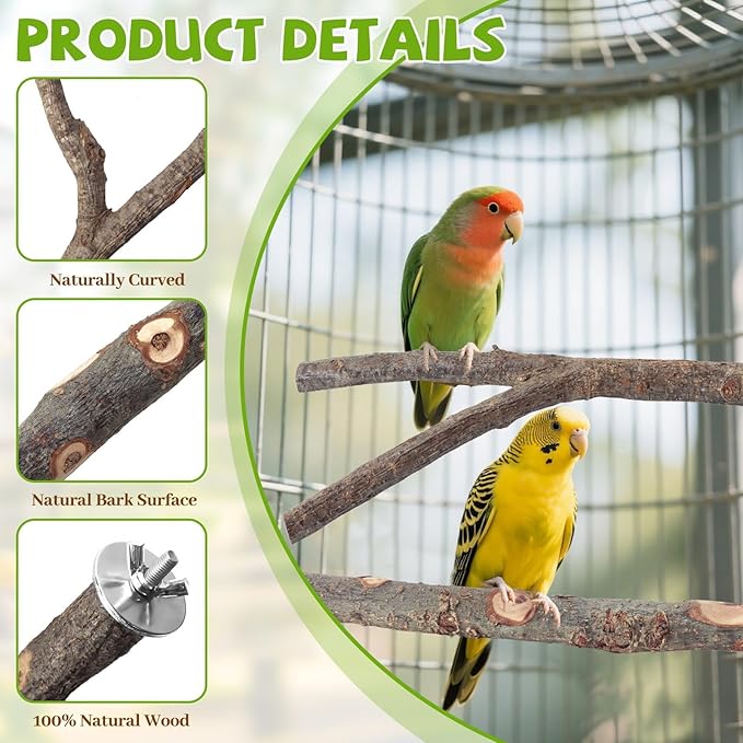 Natural Wood Bird Perches for Cage, Parrot Perch Stand &amp; Platform, Bird Cage Accessories for Parakeets, Cockatiels, Conures, Lovebirds (Brown, Deluxe Playground Set - 12PCS)