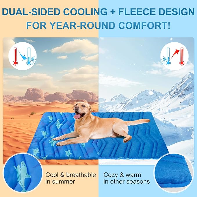 BEAUTYZOO Dog Cooling Mat- Upgraded Thicken Cooling Mat for Large Dogs Reversible(Cool &amp; Warm) Pet Ice Cool Bed Washable &amp; Portable, Summer Crate Pad for Big Dog Puppy Up to 44 lbs, Shark Blue 36X23IN