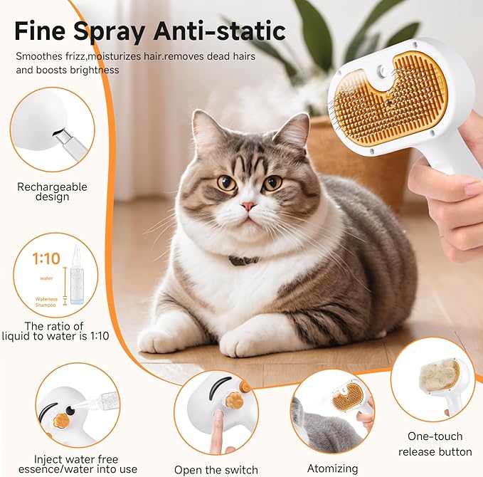 Pet Steam Brush for Dog &amp; Cat – 3-in-1 Spray Hair Removal Comb – Steam for Shedding &amp; Grooming – Water Brush for Long &amp; Short Haired Pets – Spritz Defur Comb – Includes 2*Waterless Shampoo