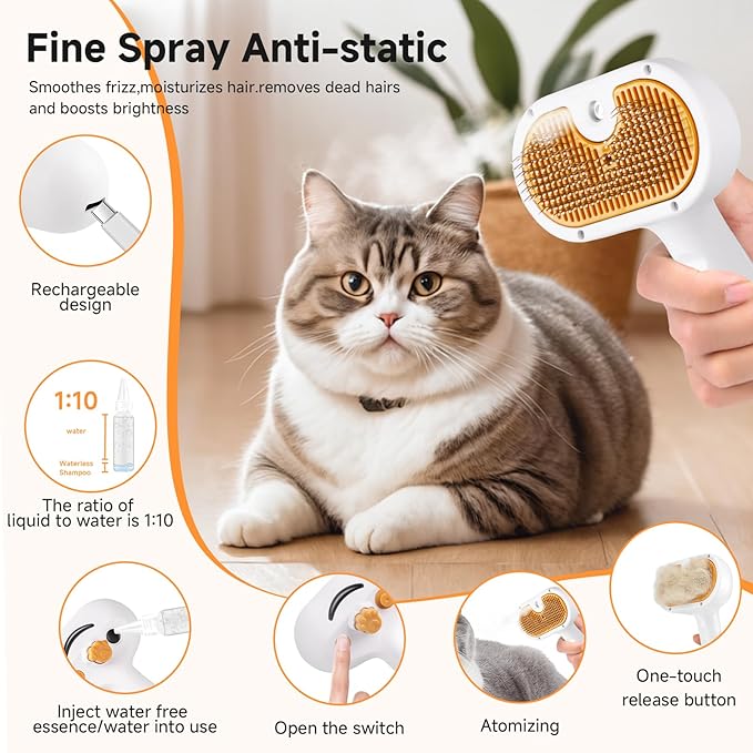 Cat Steam Brush, Pet Steam Brush for Cat &amp; Dog, Mist Spray Comb, Spritz Defur Tool, Water Grooming Kit, Dog Hair Removal Steam Cleaner with Release Button