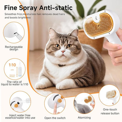 Pet Steam Brush for Dogs and Cats – 3-in-1 Pet Grooming Tool, Spray Portable Design, Suitable for Home and Travel, Ideal for Medium &amp; Long-Haired Pets, Includes 1*Waterless Shampoo, Yellow