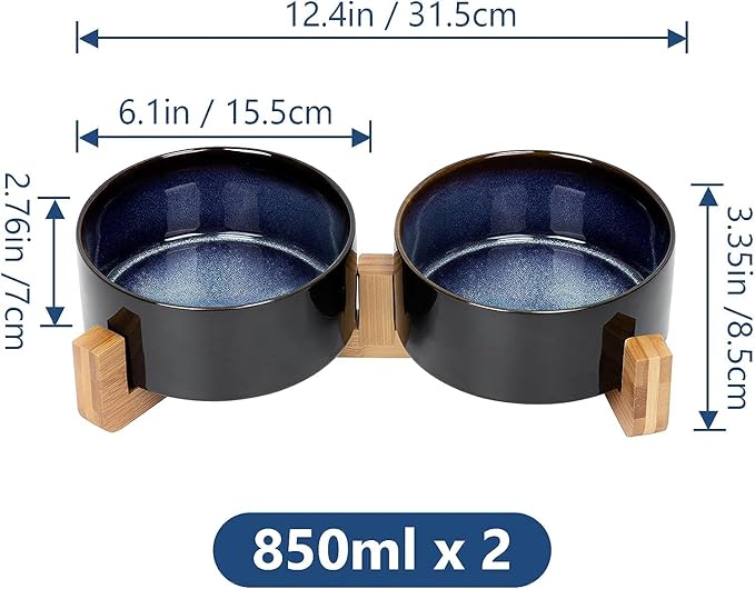 SPUNKYJUNKY Ceramic Dog and Cat Bowl Set with Wooden Stand, Modern Cute Weighted Food Water Set for Small Size Dogs (13.5OZ) &amp; Medium Sized Dogs (28.7OZ) &amp; Cats (3.6 Cups, 2 × Starry Blue)