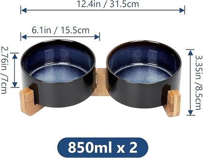SPUNKYJUNKY Ceramic Dog and Cat Bowl Set with Wooden Stand, Modern Cute Weighted Food Water Set for Small Size Dogs (13.5OZ) &amp; Medium Sized Dogs (28.7OZ) &amp; Cats (3.6 Cups, 2 × Starry Blue)