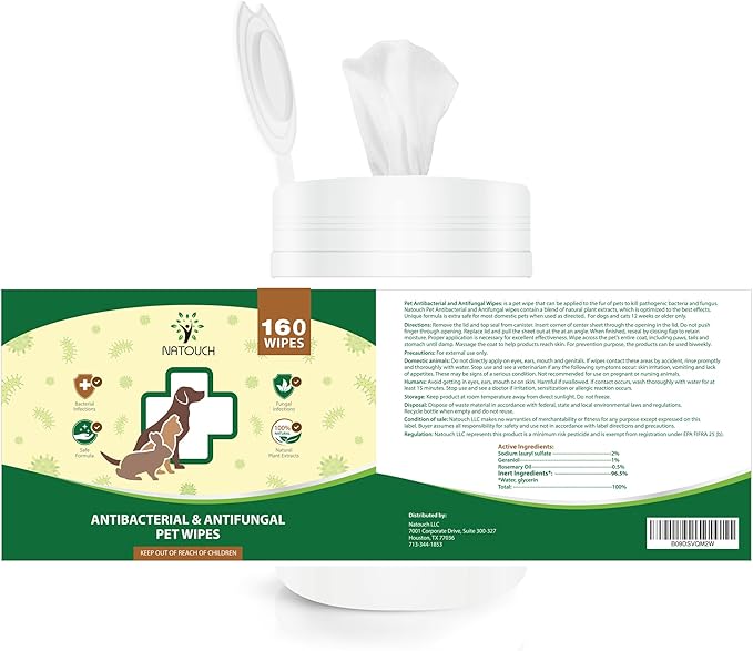 Antifungal and Antibacterial Wipes for Dogs &amp; Cats, Dog Yeast Infection Treatment Wipes, All Natural Grooming Wipes for Cleaning, Help with Hot Spots, Ringworm, and Skin Infections, 160 Count