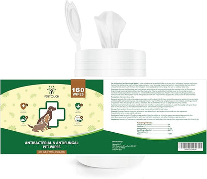 Antifungal and Antibacterial Wipes for Dogs &amp; Cats, Dog Yeast Infection Treatment Wipes, All Natural Grooming Wipes for Cleaning, Help with Hot Spots, Ringworm, and Skin Infections, 160 Count