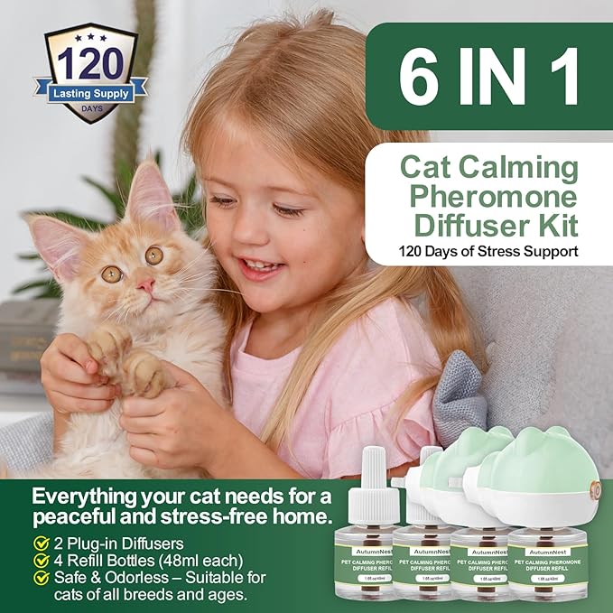 Cat Calming Diffuser Kit with 2 Plug-in &amp; 4 Refills, Pheromone Diffuser for Cats Reducing Fighting, Scratching, Urine, Aggression, Anxiety, Fireworks, Vet Visits, Travel, 120 Day Supply, Safe Formula