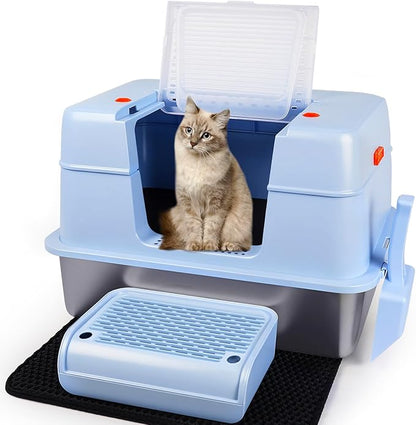 Vivifying Stainless Steel Litter Box with Lid, XL Side Entry Extra Large Litter Box for Big Cats &amp; Kitty, Removable Enclosed Metal Cat Pan with High Sided Enclosure, Scoop, Mat, Footboard (Blue)