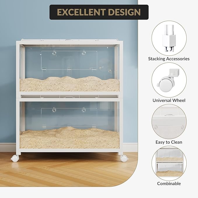 Large Metal Hamster Enclosure Rat Cage with 360 Viewing Acrylic Sides, Ventilated Front Door &amp; Openable Top, Portable Hamster Tank for Guinea Pig, Chinchilla, Gerbil, 37.8&