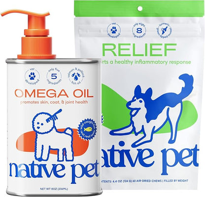 Native Pet Omega Oil for Dogs - Dog Fish Oil Supplements &amp; Relief - Anti-Inflammatory Chews for Dogs | 60 Dog Chews | 8 oz. Omega Oil | Best Dog Arthritis Supplement &amp; Dog Joint Pain Relief
