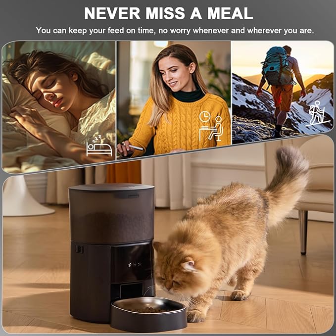 Automatic Cat Feeder WiFi with App Control, Voice Recorder, 4L Dry Pet Food Dispenser for Cats &amp; Dogs with Freshness Preservation, Custom Feeding Times &amp; Portions, Dual Power