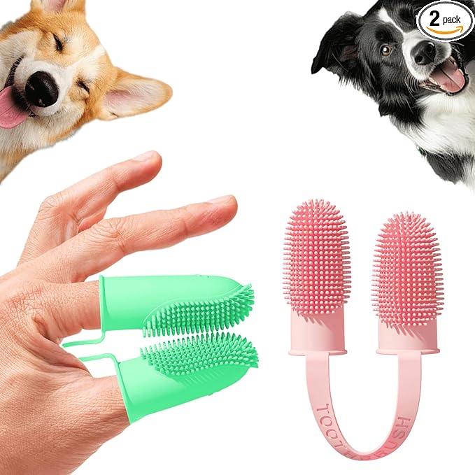 Dog Toothbrush, Dogs Tooth Brushing Kit, Cat Tooth Brush for Small to Large Dogs &amp; Puppies, 2Pack Double Finger Toothbrush for Dog Teeth 360 Cleaning &amp; Dental Care