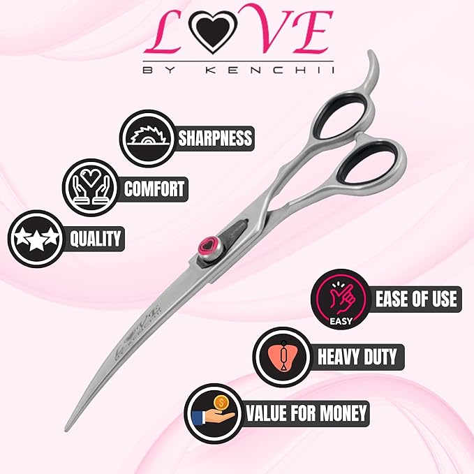 Kenchii Love Dog Grooming Scissors, 7 Inch Straight Shears, Dog Scissors for Grooming, Professional Pet Grooming Scissors, Ergonomic &amp; Comfortable