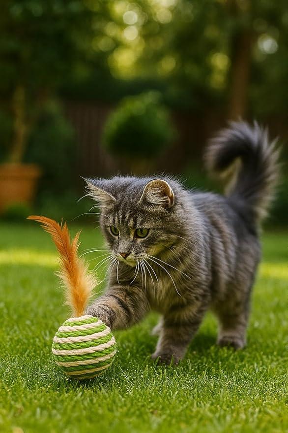 Ball for cat with Feathers - Balls for Cats– Natural Toy for Indoor Cats – Eco-Friendly, Durable, Interactive Play Balls for Kittens – Pet-Safe Chew &amp; Scratch Toys (Green)