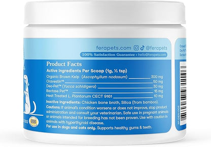 Fera Pets Cat &amp; Dog Dental Support Powder - Supports Fresh Breath - Promotes Healthy Teeth and Gums - Targets Tartar Build-Up - Includes Kelp, Enzymes &amp; Postbiotics - 60 Scoops