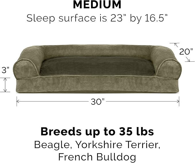 Furhaven Pillow Dog Bed for Medium/Small Dogs w/ Removable Bolsters &amp; Washable Cover - Faux Fur &amp; Velvet Sofa - Dark Sage, Medium